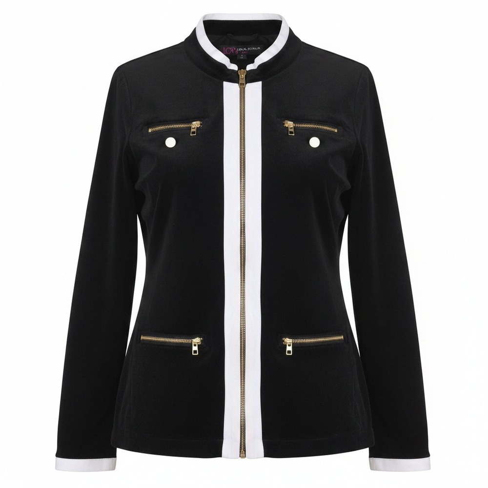 Peck & Peck Black White Classy Velour Large Full Zip Up High Neck Jacket
